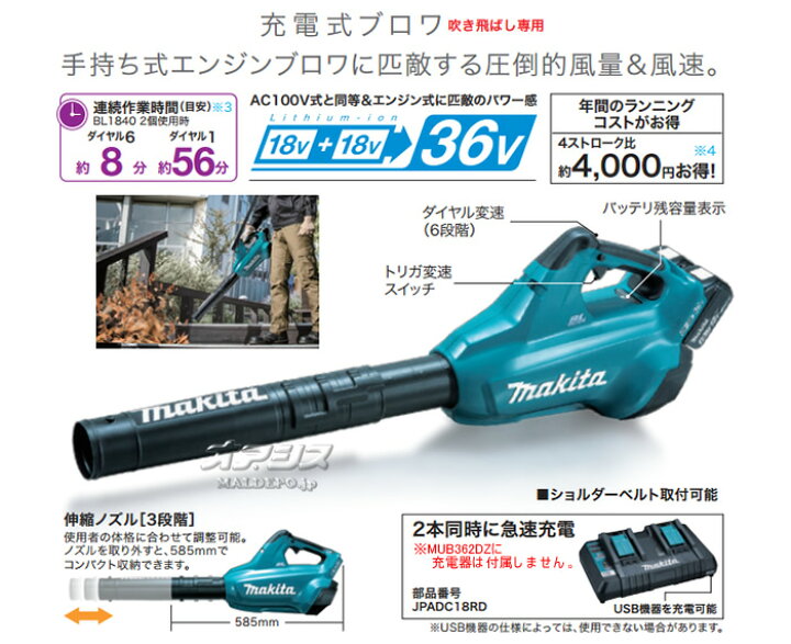 楽天市場】36V充電式ブロワー(ブロアー) MUB362DPG2 マキタ(makita 