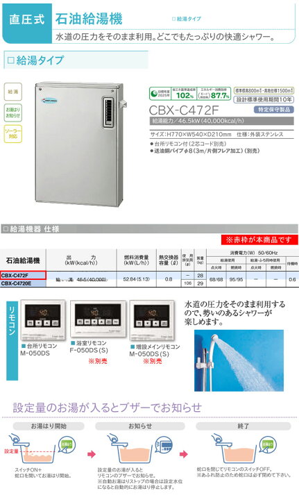 楽天市場】石油給湯機 給湯タイプ CBX-C472F 長府工産 直圧式 屋外 