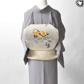 羽田登喜男×羽田登 鴛鴦柄 羽田工房 謹製 縮緬地 九寸 名古屋帯 日本製【帯専門店おびや】送料・代引き無料！[商品番号：21966]