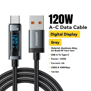 Essager 120W USB Type C �P�[�u�� �}���[�d USB C �[�d�R�[�h iPhone 15 14 13 12 Huawei�p LED�f�W�^���f�B�X�v���C�t��