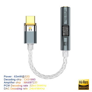 USB Type C - 3.5mm �W���b�N �A�_�v�^�[ �w�b�h�z���A���v HiFi DAC USB C �I�[�f�B�I AUX �R���o�[�^�[ �f�R�[�_�[ CX31993 MAX97220 PCM 32Bit 384KHz