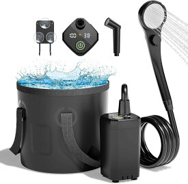 ポータブルシャワー アウトドア 携帯シャワー 6000mAh充電式 電動シャワー ポンプ 20L折りたたみ式バケツ付 簡易シャワー デジタル画面 水流量調節可 キャンプ 海水浴 サーフィン 旅行 水遣り 洗車 ペットシャワー 掃除 屋内 屋外用 キャンプシャワー 軽量 防災/停電時用