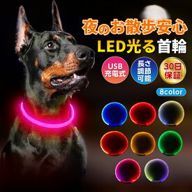首輪 光る首輪 犬 おしゃれ 光る LED ライト USB充電式 小型犬 中型犬 大型犬 サイズ調整可 夜間発光首輪 防水 軽量 夜 散歩 安全 ペット用 夜間 散歩 発光首輪 くびわ 夜用 調整可能 S M L ボタン押すだけ 蛍光 安全 事故防止 光 35cm 50cm 70cm