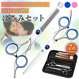 【数量限定、お得なクーポン配布中！】 散髪 ハサミ セット セルフカット ヘアカット すきバサミ プロ仕様 家庭用 髪切りはさみ 前髪カット 初心者 子供 大人 シルバー ブルー ピンク ケース付き コスパ最強7点セット