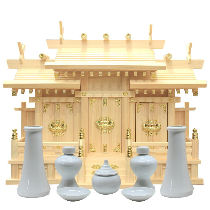 楽天市場】神棚 屋根違い三社 小 神具セット 雲シール付 日本製 国産檜 