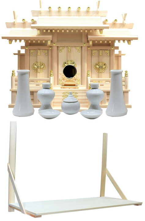 楽天市場】神棚 屋根違い三社 小 神具・神鏡・棚板セット 雲シール付 