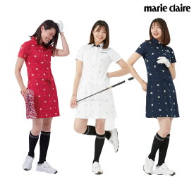 レディース marie claire マリ・クレール ワンピース ゴルフウェア 鹿の子素材 ポロシャツ 花柄 接触冷感 ネイビー レッド ホワイト 712403 春 夏 クリアランス