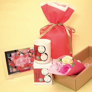 送料無料、名入れ無し健康長寿 湯呑み1個(箱入り)と感謝のメッセージ入りボード(たくさんの感謝を込めて)とソープフラワー(フランボワーズ)のセットがギフト用巾着袋入り、敬老の日用湯