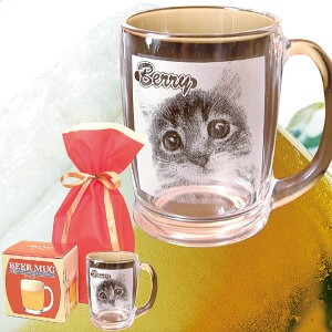 名入れ写真彫刻(冷え冷え)国産人気のジョッキがギフト用巾着袋入り、誕生日祝い、還暦祝い、父の日、母の日、敬老の日のプレゼント360ml。冷蔵庫に入れやすい高さの低いビヤマグ。ペ