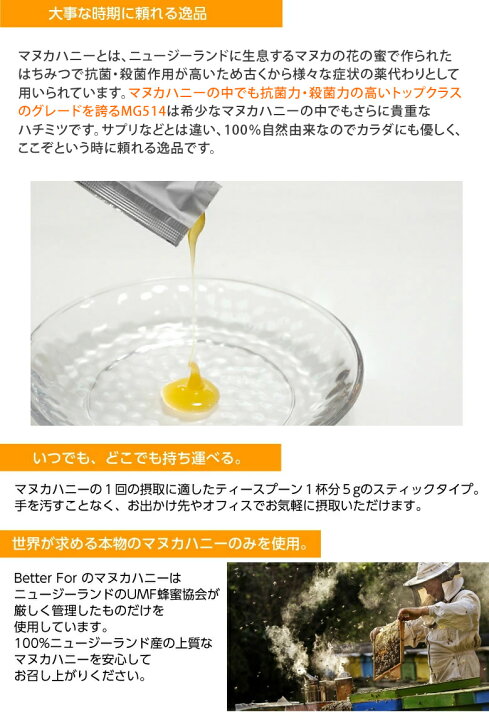楽天市場】【個別包装】MG514 (UMF15 相当) Better For マヌカハニー スティック High Grade 6本入 スティックタイプ お試し 100%ニュージーランド産 無添加 スーパーフード 有機 栄養食品 健康食品 : 想いを繋ぐ百貨店 【TSUNAGU】 楽天市場】【個別包装】MG514 (UMF15 相当) Better For マヌカハニー スティック High Grade 6本入 スティックタイプ お試し 100%ニュージーランド産 無添加 スーパーフード 有機 栄養食品 健康食品 : 想いを繋ぐ百貨店 【TSUNAGU】