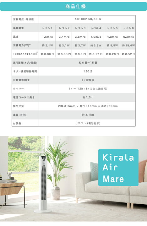 楽天市場】Kirala Air (Mare) キララエアー ハイブリッドタワーファン 