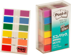 ポストイット　ジョーブ製品　透明見出し　エコノパック製品 パープル/ブルー/グリーン/イエロー/オレンジ/レッド 44mm×10mm 20枚×6パッド 6831M フィルムふせん 付箋 しるす /4519001632685