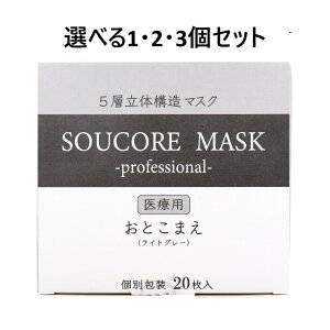 【ポイント10倍キャンペーン当店バナーよりエントリー必須】【選べる1・2・3個セット】【業務用】5層立体 SOUCORE MASK(ソウコレマスク) 医療用 おとこまえ ライトグレー 個別包装 20枚入 サー