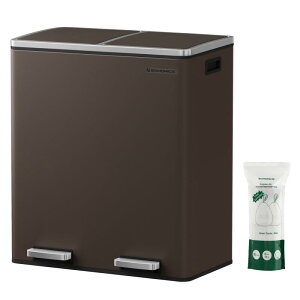 SONGMICS ゴミ箱 ダストボックス 2分別 ゴミ袋付き ペダル式 2x30L インナーバケット二つ ステンレス 密閉 音 おしゃれ スリム 室内 キチン 蓋付き ブラウン LTB60BR
