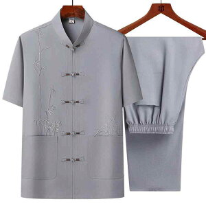 シャツ 男性用 半袖 ポリエステル 夏物 カジュアル 唐装 刺繍 ポケット ボタン 留め シニア 高齢者 向け 涼しい 薄手 快適 普段着 部屋着 中国風 和風 グレー 紺 赤 ベージュ