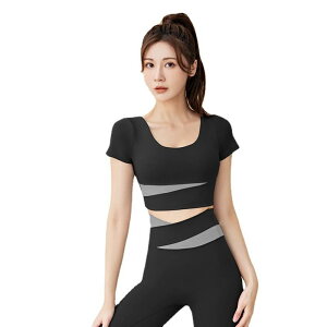 ヨガウェア レディース 上下セット 半袖 へそ出し トップス レギンス スパッツ スポーツウェア トレーニングウェア ランニング 吸湿速乾 伸縮性 ストレッチ 黒 ブラック グレー ブルー パー