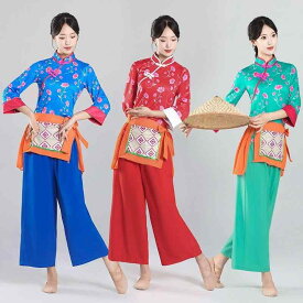 民族衣装 レディース ダンス衣装 秧歌服 采茶舞 広場ダンス 舞台 発表会 イベント パフォーマンス 上下セット シェニール スパンデックス 春夏 レッド ブルー グリーン系