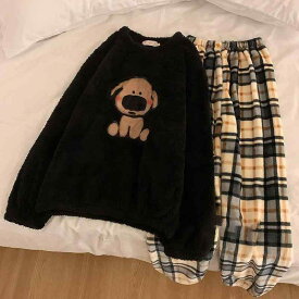 パジャマ カップル ペア メンズ レディース フランネル サンゴフリース 厚手 裏起毛 保温 あったか ラウンドネック 丸首 セットアップ ルームウェア 部屋着 ホームウェア ワンマイルウェア 普段使い 秋冬