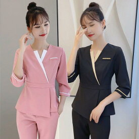 セットアップ レディース 美容サロン 制服 作業服 フットスパ エステ 養生館 店長 セラピスト 高級感 エレガント 上品 七分袖 パフスリーブ シェニール ポリエステル ポリウレタン