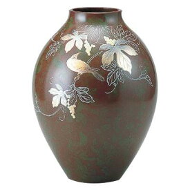 （同梱不可）高岡銅器 銅製花瓶　山本秀峰作　新坪形　花鳥　10号　94-01