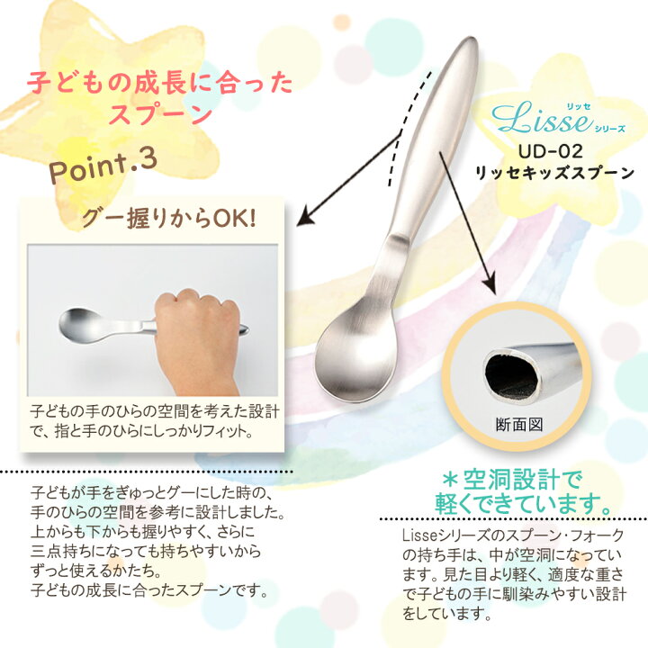 楽天市場 握りやすい スプーン 食べやすい 軽い 持ちやすい 三点持ち 練習 使いやすい 保育園で使用 オールステンレス 洗いやすい 安定感 三角持ち 三指持ち こどもスプーン 子どもスプーン 子供 キッズスプーン ベビー 離乳食 金属製 おしゃれ かわいい 高級感 まるく