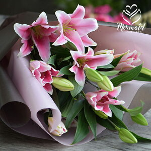 花誕生日結婚祝いお礼歓送迎大輪系ピンクユリとグリーンの花束15輪送別会歓迎会退職祝い歓送迎会送別卒業誕生日女性母妻母誕生日プレゼント春のお花ホワイトデー