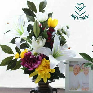 お供え 花 【高級造花 フラワー】シルク ユリ入り 仏花大 フラワー 1つ アーティフィシャルフラワー お悔み お供え 喪中見舞い お返し お盆 盆花 初盆 新盆 お彼岸 秋 彼岸 墓花 墓参り お供