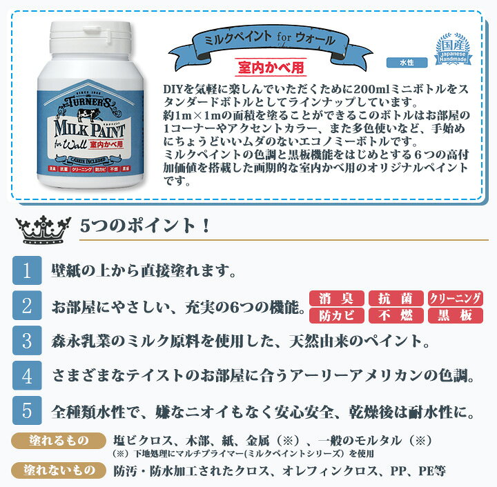 楽天市場】ミルクペイントforウォール(室内かべ用) 2L(約12平米/2回塗り) 室内壁用/水性/DIY/ターナー色彩 : 塗料専門店オンラインshop大橋塗料 楽天市場】ミルクペイントforウォール(室内かべ用) 2L(約12平米/2回塗り) 室内壁用/水性/DIY/ターナー色彩 : 塗料専門店オンラインshop大橋塗料
