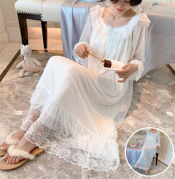 楽天市場 送料無料 可愛い パジャマワンピース 体型カバー 婦人パジャマ ランジェリー 姫系 レースパジャマ レディース パジャマ ネグリジェ 部屋着 ルームウェア 大きいサイズ 快適パジャマ ナイトウェア 長袖パジャマ女性 ネグリジェ 春夏 寝間着 寝巻き オシャレ