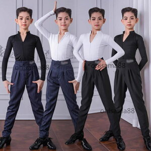 【送料無料】ラテンダンスウエア 男の子 2点セット シャツ+パンツ ダンス 団体服 発表会 演出服 競技 練習着 ラテンダンス衣装 社交ダンス衣装 ダンス服 上下セット 長袖 キッズ用 ラテンダ