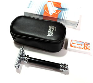 ゾーリンゲン メルクール髭剃り(ひげそり)両刃ホルダー38011“重厚シックなブラックハンドル新製品”合皮ポーチ付 替刃10枚付 【送料無料】