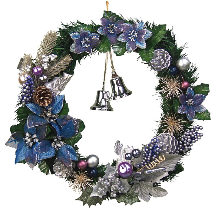 楽天市場 クリスマスリース30cmブルーシルバー 玄関 部屋 北欧 ナチュラル 手作り 上品 高級 豪華 青 銀 おしゃれ 飾り 装飾 かわいい ドア 壁掛け ハンガー アートフラワー 天然素材 花 造花 ポインセチア リボン ベル インテリア ギフト プレゼント クリスマスリース