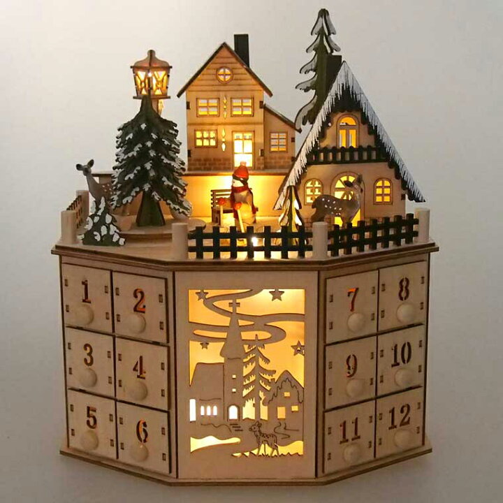 楽天市場 Ledファンタジークリスマスアドベントカレンダー 雑貨 置物 装飾 飾り かわいい 絶景 木製 小物 Ledライト 暖かい 北欧 おしゃれ 豪華 高級 上品 卓上 テーブル 部屋 玄関 クリスマスツリー スノーマン トナカイ 引き出し アンティーク アドベント