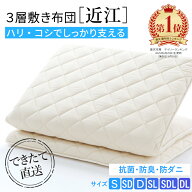 3層敷布団「近江」 抗菌 防臭 防ダニ 超ボリュームタイプ 綿100% シングル セミダブル ダブル | 製造から…