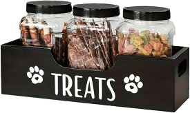 おやつ ストッカー 犬用 木製 収納 ボックス 容器 3個セット 保存 ケース ペット フード 餌 保存瓶 整理 整頓 密閉 ボトル ドライフード ドッグフード 大容量 (ブラック)