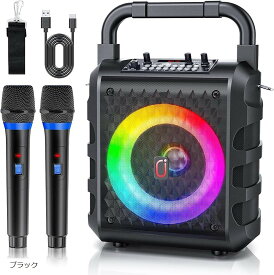 【楽天ランキング1位入賞】スピーカーセット カラオケセット 家庭用 拡声器 ワイヤレスマイク 2本 Bluetooth 5.1 小型 PAセット カラオケマシン ポータブルスピーカー SDカード USB (ブラック, 28x18x38CM)