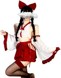 巫女 コスプレ 和装 着物 和服 正月 仮装 衣装 赤 クリーム コスチューム 巫女服 カチューシャ＋トップス＋スカート＋振袖＋ソックス 5点セット( ホワイト)