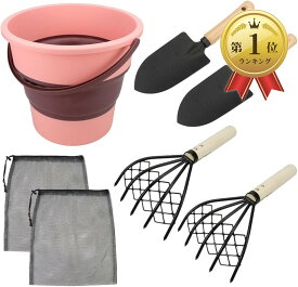 【楽天ランキング1位入賞】これ1つで準備完了 潮干狩りセット 2～4人用 折り畳みバケツ 熊手 スコップ 収納袋付き 貝掘り アサリ ハマグリ 家族連れ (ピンク, 忍者熊手)