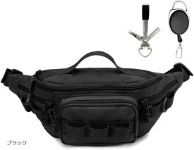 釣りバッグ フィッシングバッグ ヒップバッグ ショルダーバッグ タックルバッグ 2WAY ピンオンリール ラインカッター 付き 登山 サバゲー 多機能 黒 迷彩 ブラック (ブラック, 幅39cm、高さ15cm、奥行8cm)