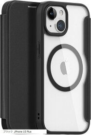 iPhone ケース 手帳型 ワイヤレス充電対応 薄型 PUレザー 背面 クリア カード入れ(ブラック, iPhone 15 Plus)