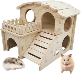 互換品 ハムスター 家 おもちゃ 巣箱 小屋 2階 ハウス 運動不足の解消に ステップ 木製 台 モモンガ シマリス デグー 小動物 遊び場 (ウッド)