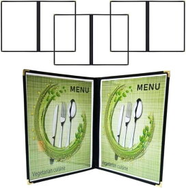 3冊セット メニューブック 4面仕様 A4サイズ対応 クリア表紙 中綴じ スリム設計 メニューカバー 店舗用 (ブラック, 21 x 29.7cm)