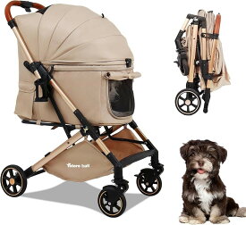 ペットカート 犬 バギー 4輪 小型犬 中型犬 多頭 ペットキャリーカート ワンタッチ折り畳み 自立式 ゴム製大口径タイヤ 一体型 ペットバギー コンパクト 広い空間 前輪固定 軽量 タイヤ緩衝設計 通気窓 飛び出し防止 (カーキ, 中型)