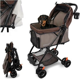 広々55cmコット・軽量5.8kgペットカート 犬 小型犬 バギー 多頭 2匹 小型犬～小柄な中型犬対応 ワンタッチ折りたたみ 自立式 コンパクト収納 前輪360°回転 (ブラウン., 展開時長さ55x幅47x高さ98cm)