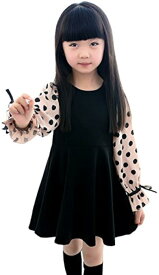 女の子 ワンピース フォーマル ドレス 子供 服 キッズ 発表会 入園式 入学式 結婚式 長袖 パフ袖 ドット柄( ブラック, 160)