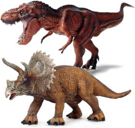 恐竜 レッド ティラノサウルス トリケラトプス フィギュア おもちゃ 2体 セット 30cm 口 開閉 リアル 模型 自立 誕生日 景品 プレゼント に Trex+Tricera