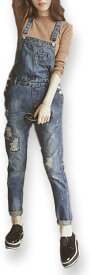 カナエルンデニム オーバーオール レディース オールインワン サロペット ジーンズ ゆったり ワイドパンツ 韓流 ポケット付き カジュアル 体型カバー 大きいサイズ カーブ 大きめ 着やせ 作業着( ブルー（ダメージスリム）, XL)