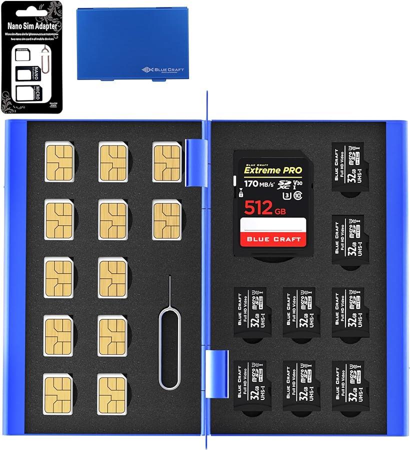 2022A/W新作送料無料 BLUECRAFT SIM SDカード 収納ケース アルミ両面タイプ 最大21枚収納 nanoSIM12枚 SD1枚  microSD8枚 SIM変換アダプタ 取出ピン付属 ブルー