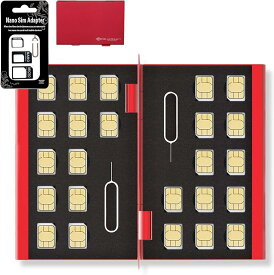 BLUECRAFT nanoSIMカード ケース アルミ両面タイプ 24枚収納SIM変換アダプタ・取出ピン付属 静電対応( レッド)