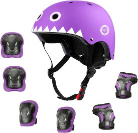 ヘルメット こども用 キッズプロテクターセット 調節可能 巾着袋付き M:55～57cm( モンスター、紫色, M:55～57cm)